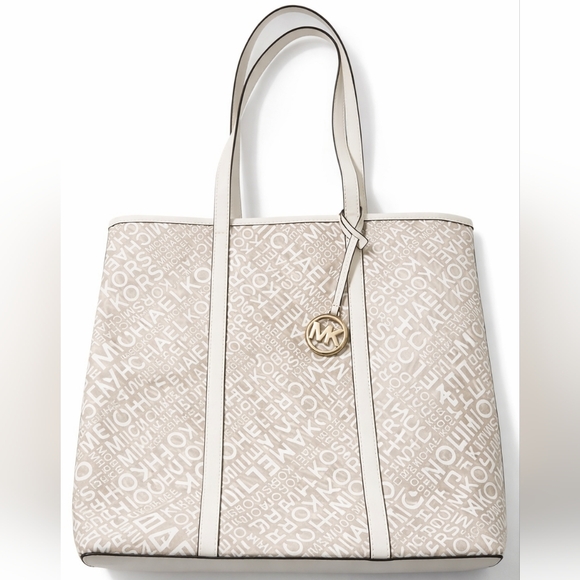 Michael Kors Handbags - Michael Kors Logo Tote Beige Cream Semi-Translucent MK Signature Large Shoulder